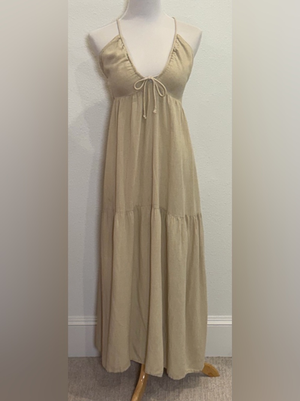 Sim & Sam Beige Linen Blend Maxi Dress Medium Boho Smocked Beige Natural Resort - Picture 3 of 7